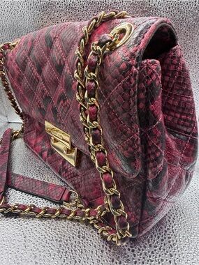 Michael Kors Sloan Large Quilted Fuscia Python Embossed Leather Shoulder Bag